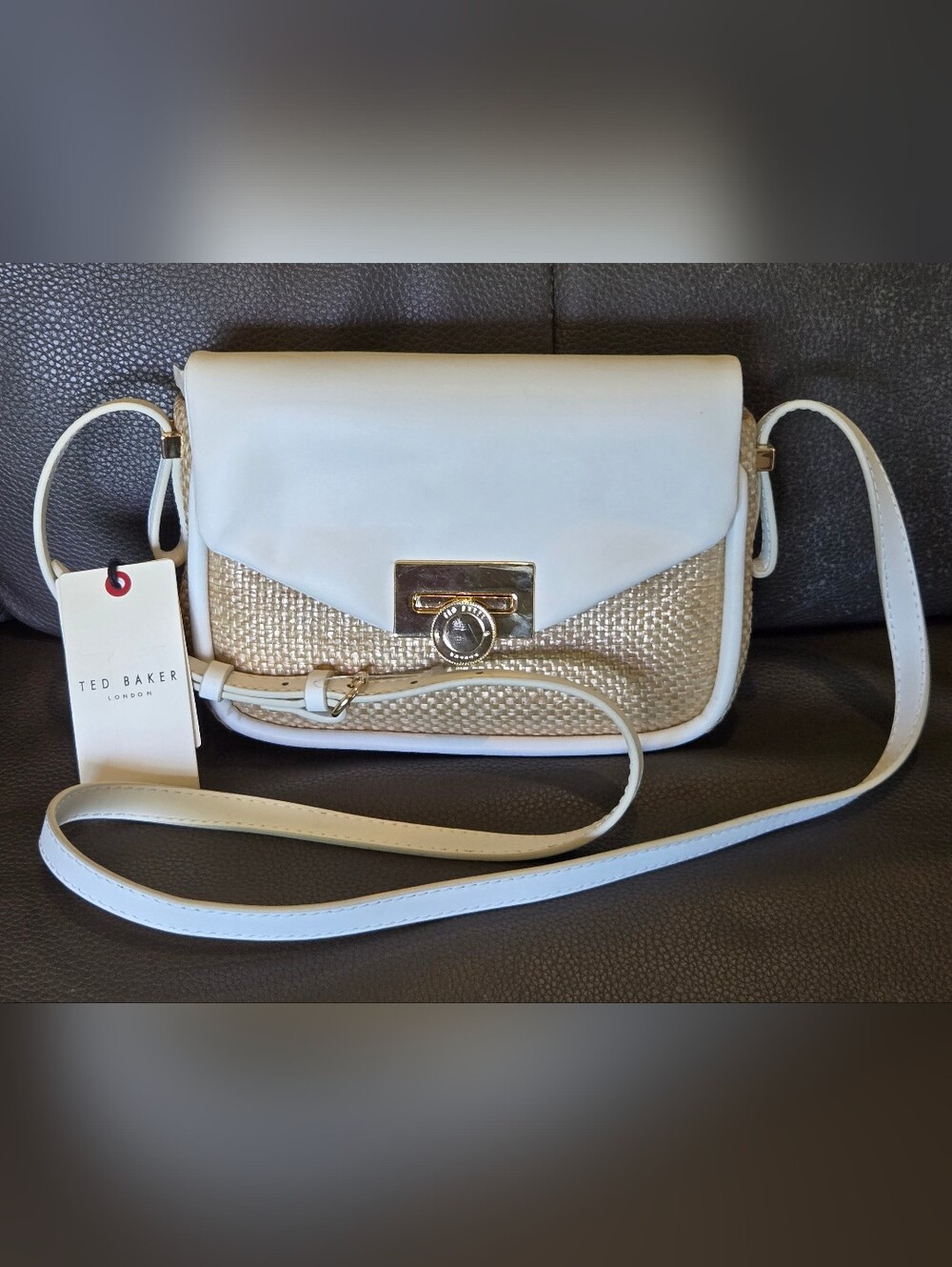 Ted Baker London Sadie May White Flap Woven Raffia Base Mini Crossbody